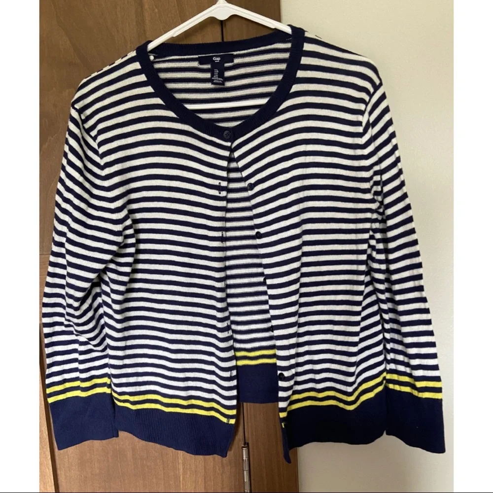 Gap Striped Cardigan Navy Blue White Neon Accent Size L Preppy - Picture 1 of 4